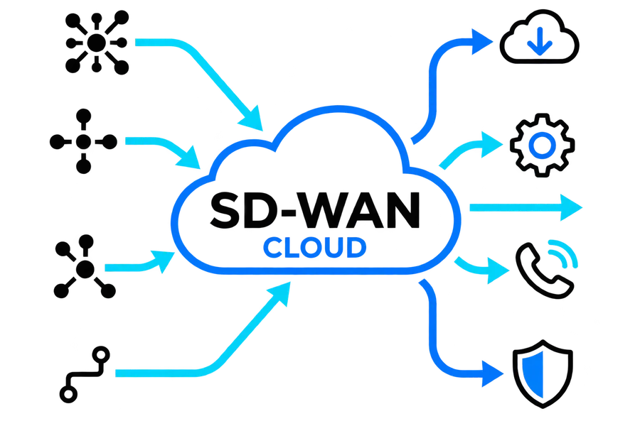 An SD-WAN cloud gathering several connections and routing them out to cloud, management, voice and security services